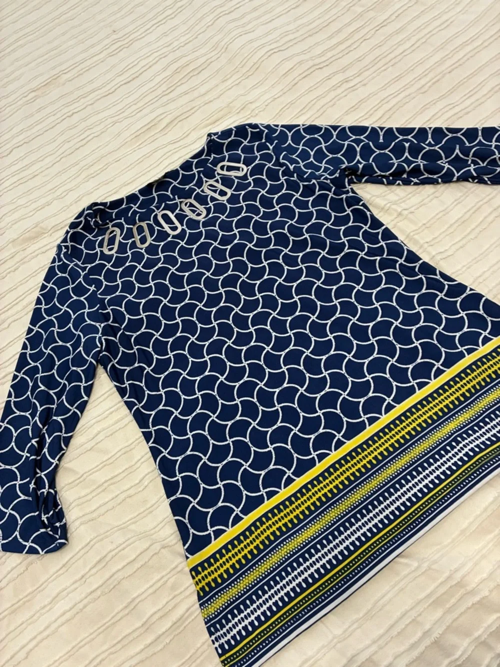 Navy & White Geometric Tunic with metal Accent Neckline. Flattering Feminine - Picture 8 of 11